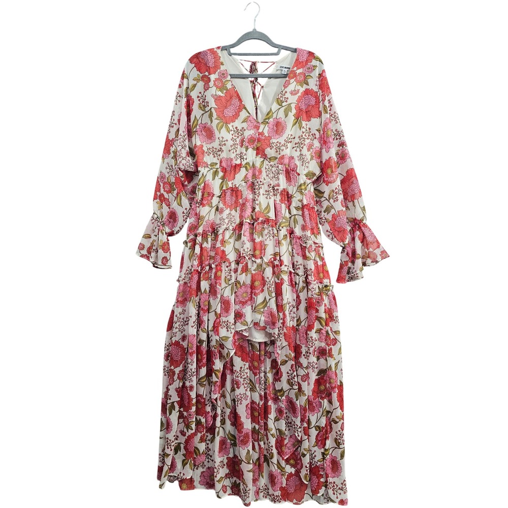 Steve Madden Maxi Dress Womens XL Pink Floral Tiered High Low Bell Sleeve Boho